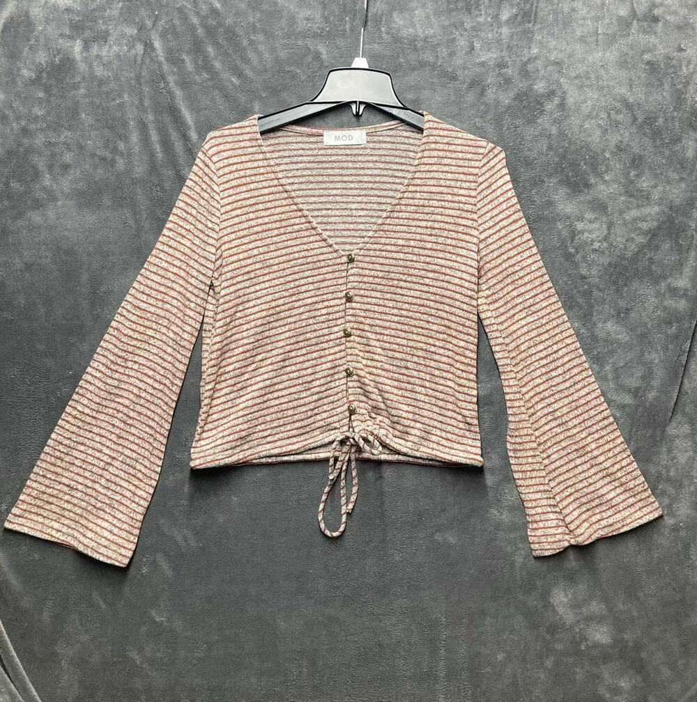 Mod Ref Bell Sleeve V-Neck Button Drawstring Cinch Cropped Blouse 90s Grunge S